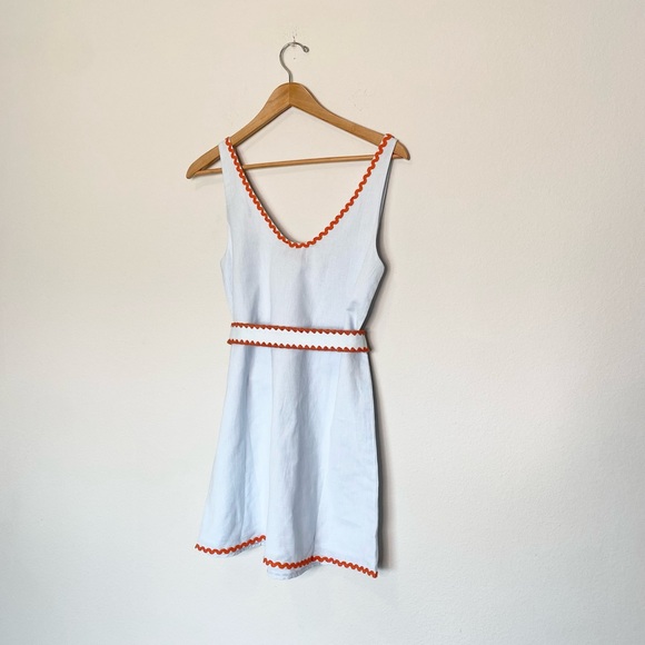 NWT Mason’s Daughter Sky Blue Linen Blend Belted Mini Dress with Red Ric Rac - Picture 6 of 7